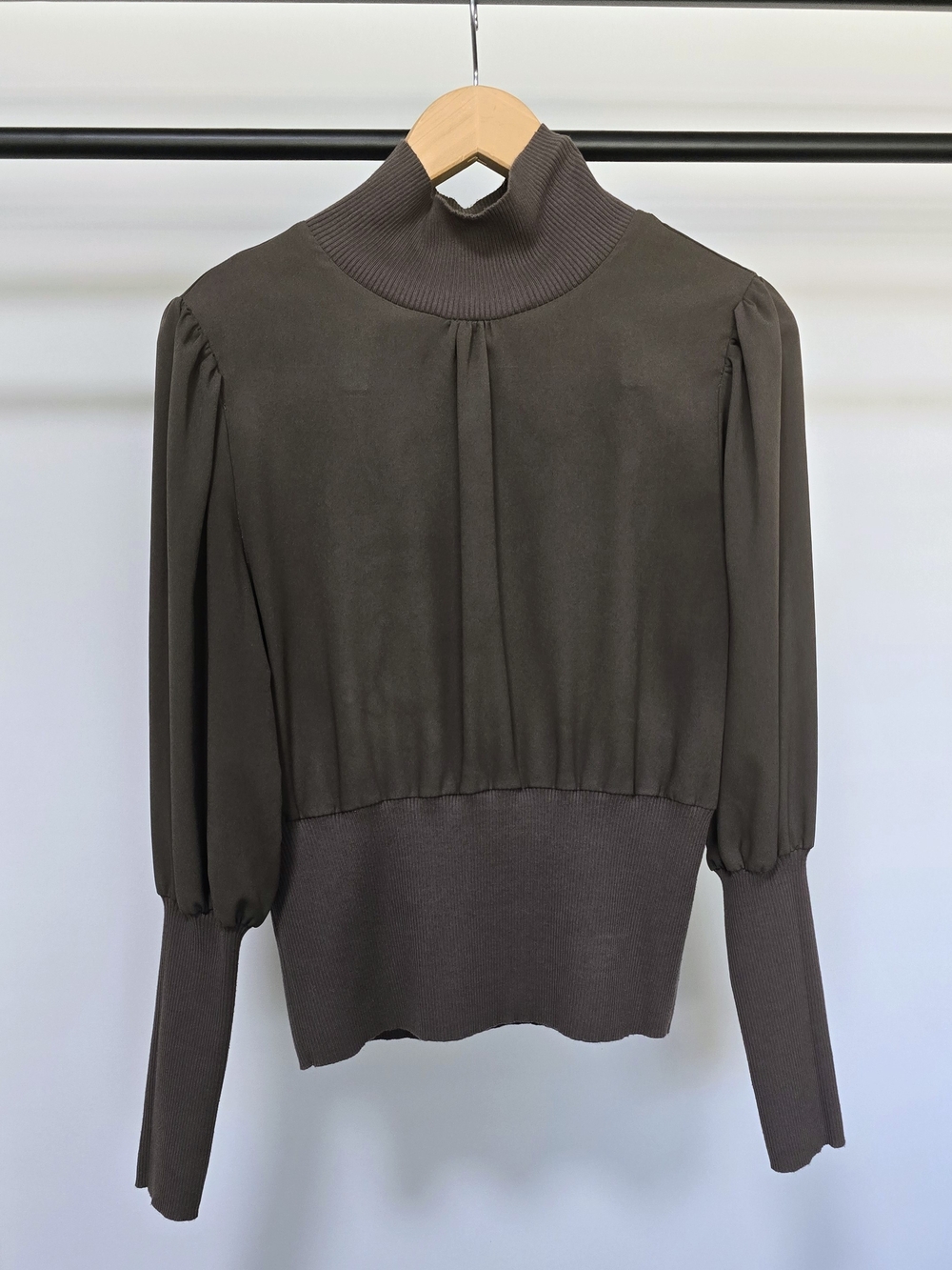 French Connection Olive High-Neck Puff Sleeve Top